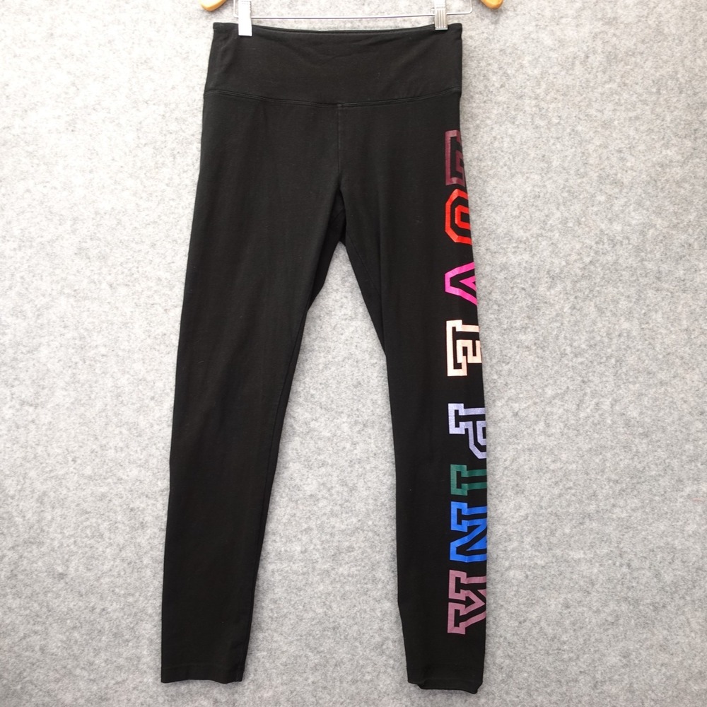Love Pink Victorias Secret Leggings Womens LARGE Black Rainbow Logo Y2K 28x26